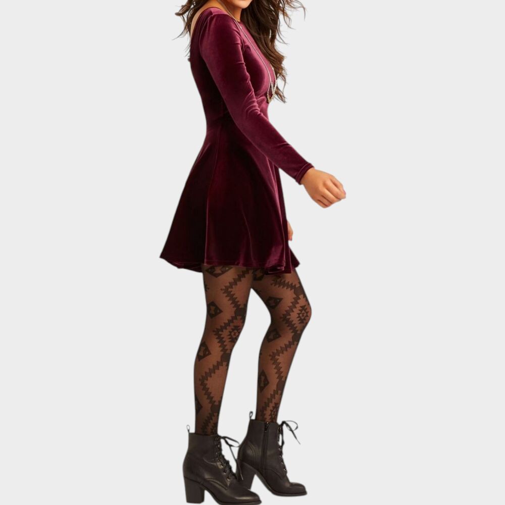 BETHANY MOTA Low Back Velvet Skater Mini Dress Size L Burgundy Fit & Flare Long